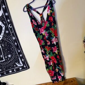 Jumpsuit Womens One Size Black Orange Floral Belted Tie Wide Leg